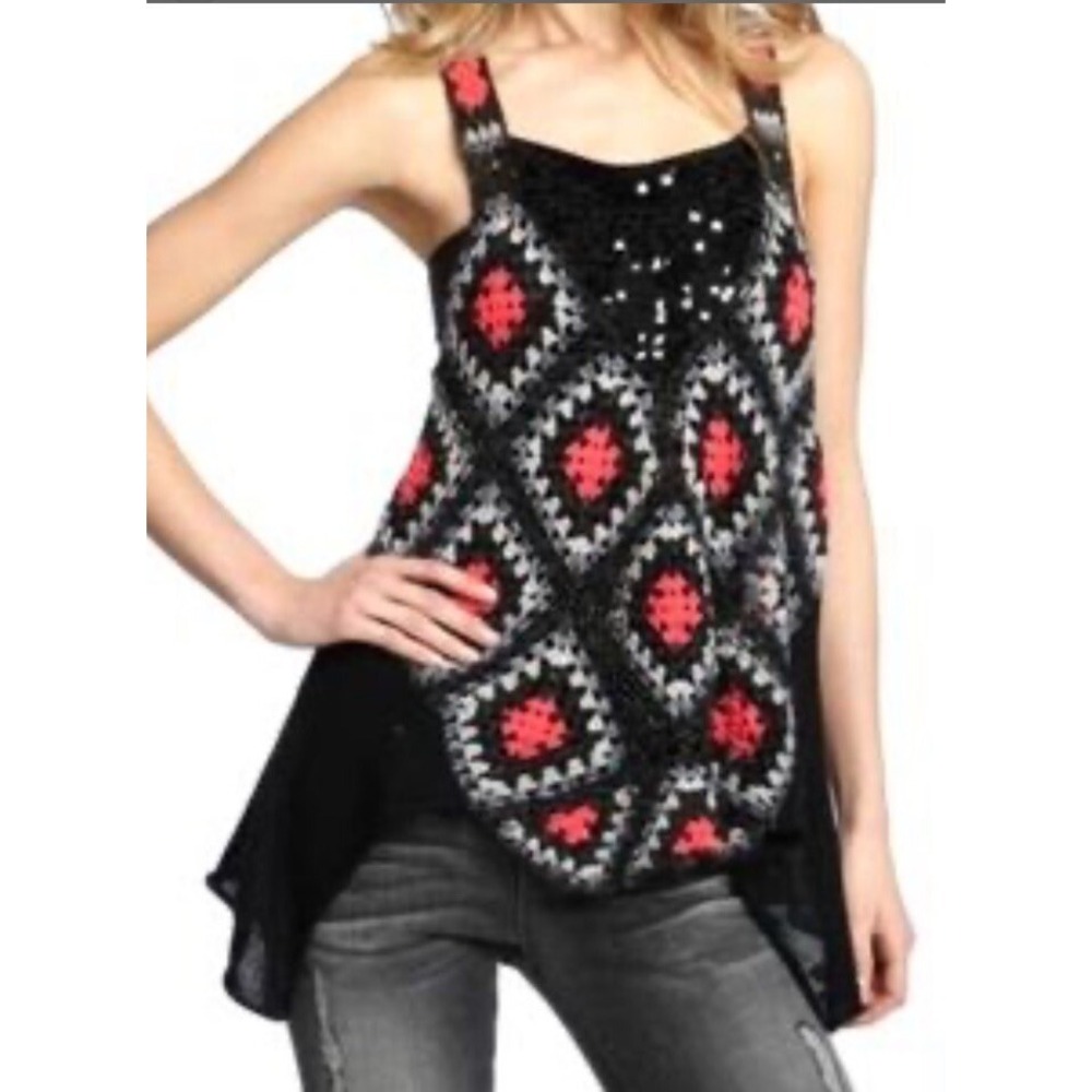 Free People‎ Grandma's Love Crocheted Tank Sequins S Granny Squares Boho